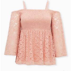 Peach smocked lace cold-shoulder top